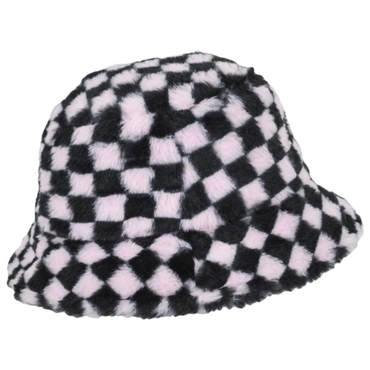 Checkerboard Faux Fur Bucket Hat - Image 3
