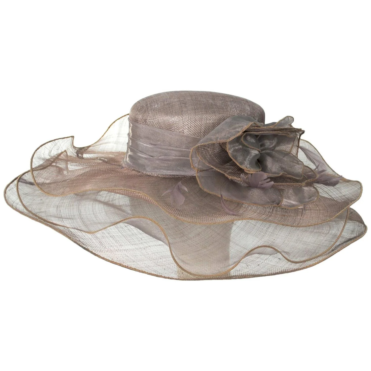Organza Flower Triple Layer Sinamay Straw Boater Dress Hat - Image 3