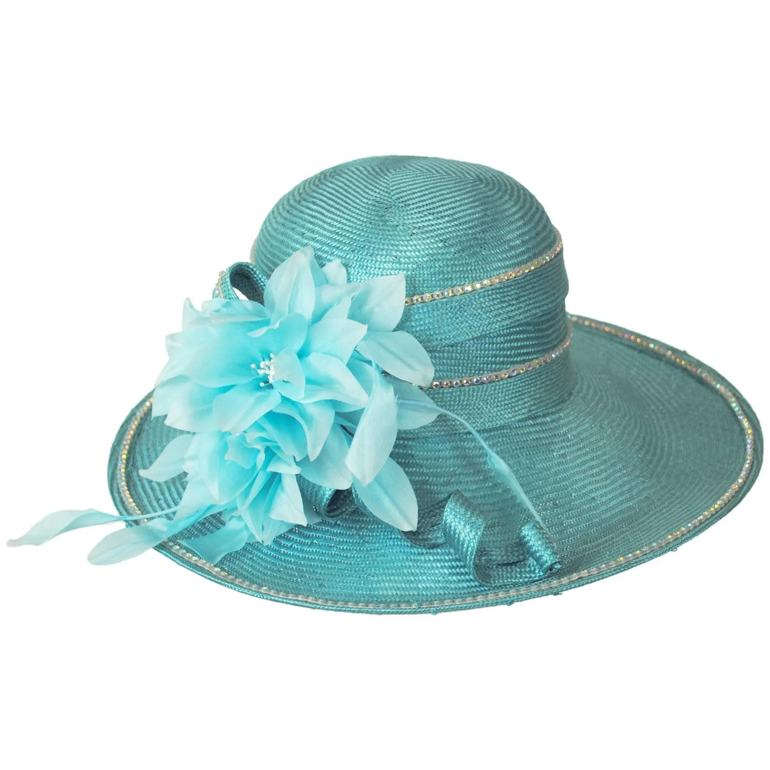 Rhinestones Sisal Straw Off Face Dress Hat